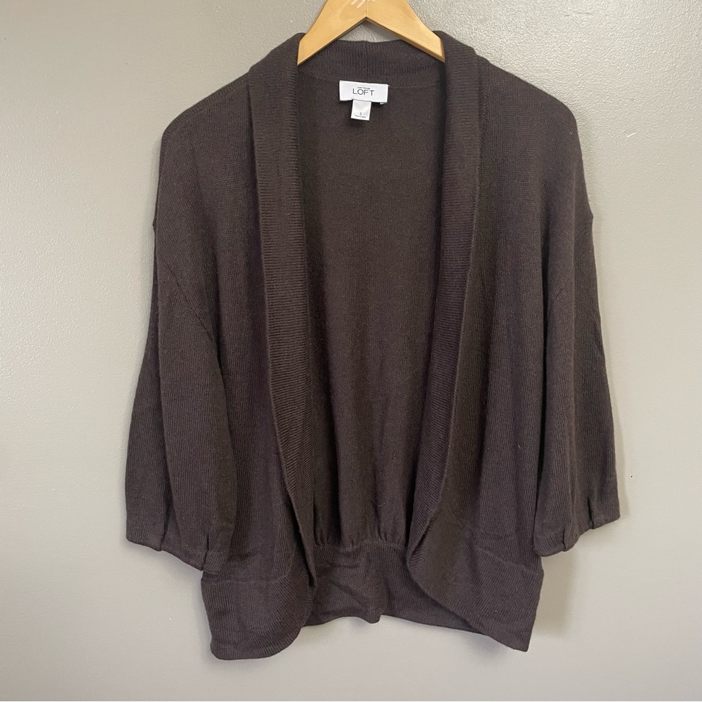 Loft Women's small Open Cardigan chocolate  brown crop Puff Sleeve Rabbit Hair